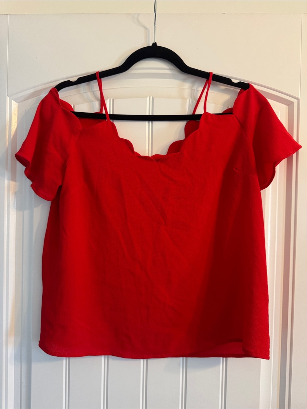 Scalloped Off-Shoulder Red Blouse with Straps